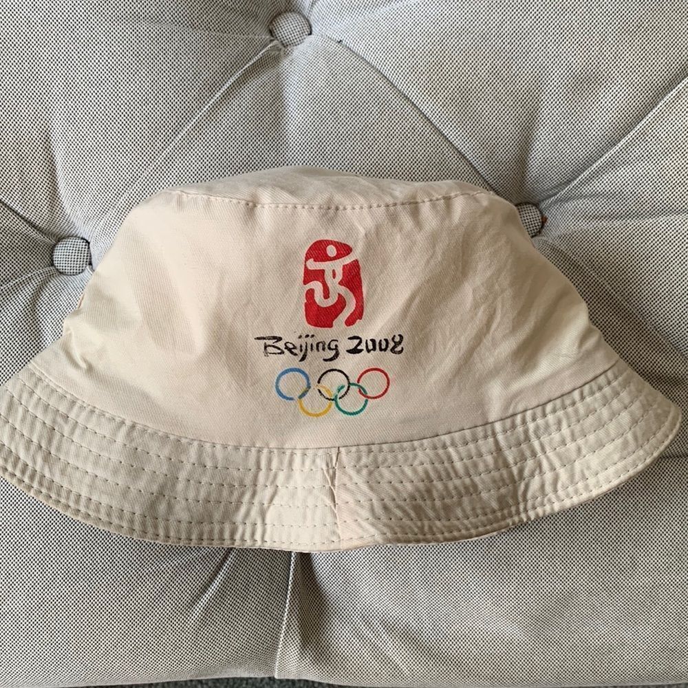 Vintage Beijing 2008 Olympics Bucket Hat Tan Embroidered Souvenir Sun Hat
